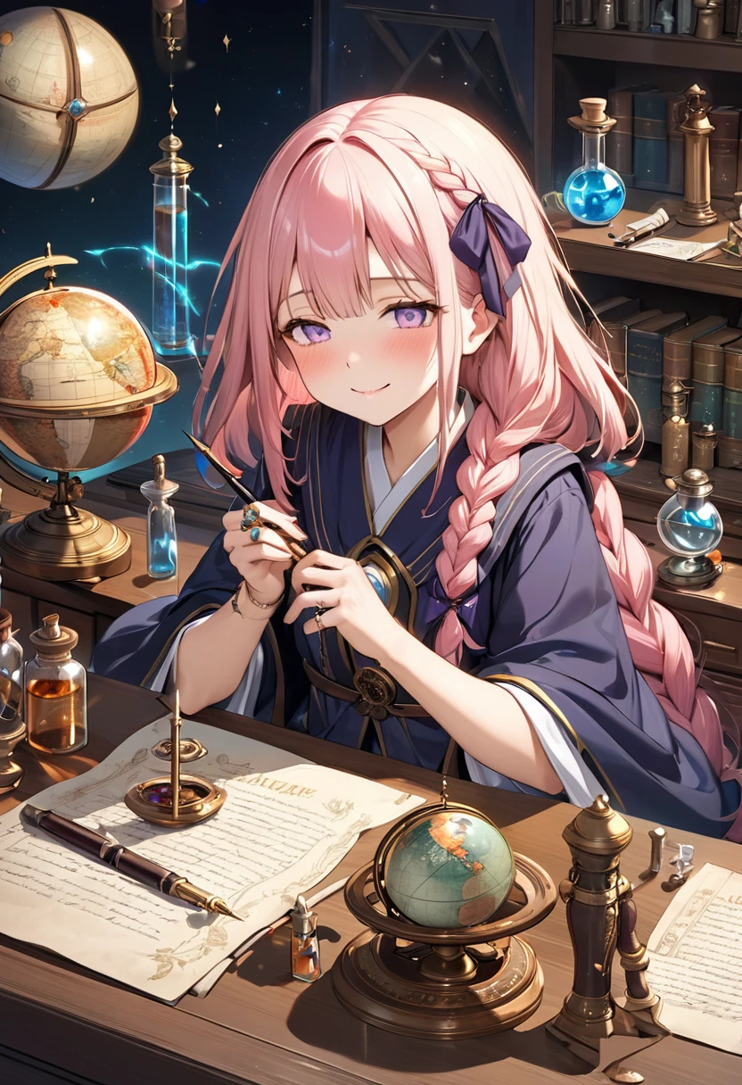 NSFW, masterpiece, highest quality, Japanese, A beautiful and adorable 12 year old girl, 150cm tall, Spell casting alchemist, Hogwarts students, The girl is enduring bullying., Noble Lady, ring-shaped eyes, Calm, half closed eyes, thin body, slim waist, flat chest, baby face, , hair ribbon, ((wearing clothes)), shiny skin, shiny hair, bright hair, List, Braid, happy smile, (A laboratory desk with many alchemy tools on it, medicine, 試medicine, Specimen, Bottle, scroll), A pile of expensive books, Antique Globe, Celestial globe, Old compass, old clock, curio, quill pen, Libra, A very elaborate and expensive wizard&#39;s outfit, Beautiful ruffled skirt、Very elaborate and expensive wizard&#39;s robes, Absolute area, wearing a hood, Wizard&#39;s Staff, (leg wear), Summoning array, magic circle, embarrassing, blush, embarrassing, dramatic shadows, candle light, glowing plants, night, midnight, dark, (dark room, old room), starry sky, beautiful fantasic night view, Super detailed, Beautiful detailed eyes and face, High resolution, UHD, perfect anatomy, perfect fingers, highly detailed landscape, highly detailed background, perspective, Depth of the bounds written, dramatic, in the atmosphere, No correction,  