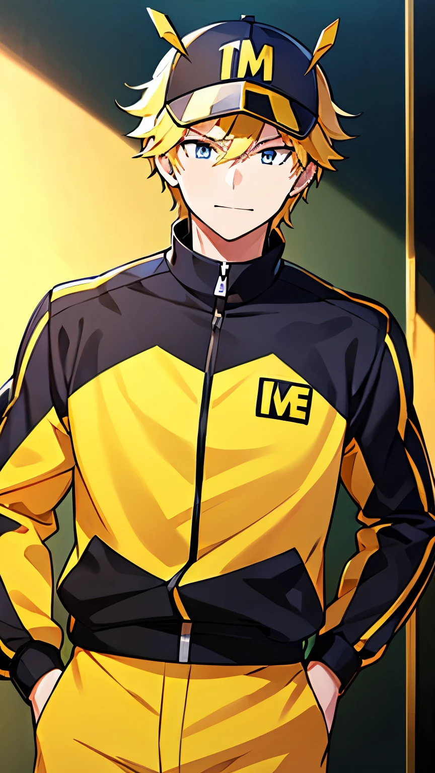 Transformers, Bumblebee, Bumblebee in human Form, blonde boy, handsome, outfit black and yellow, blue eyes, handsome guy, Bumblebee in human form, perfect high quality