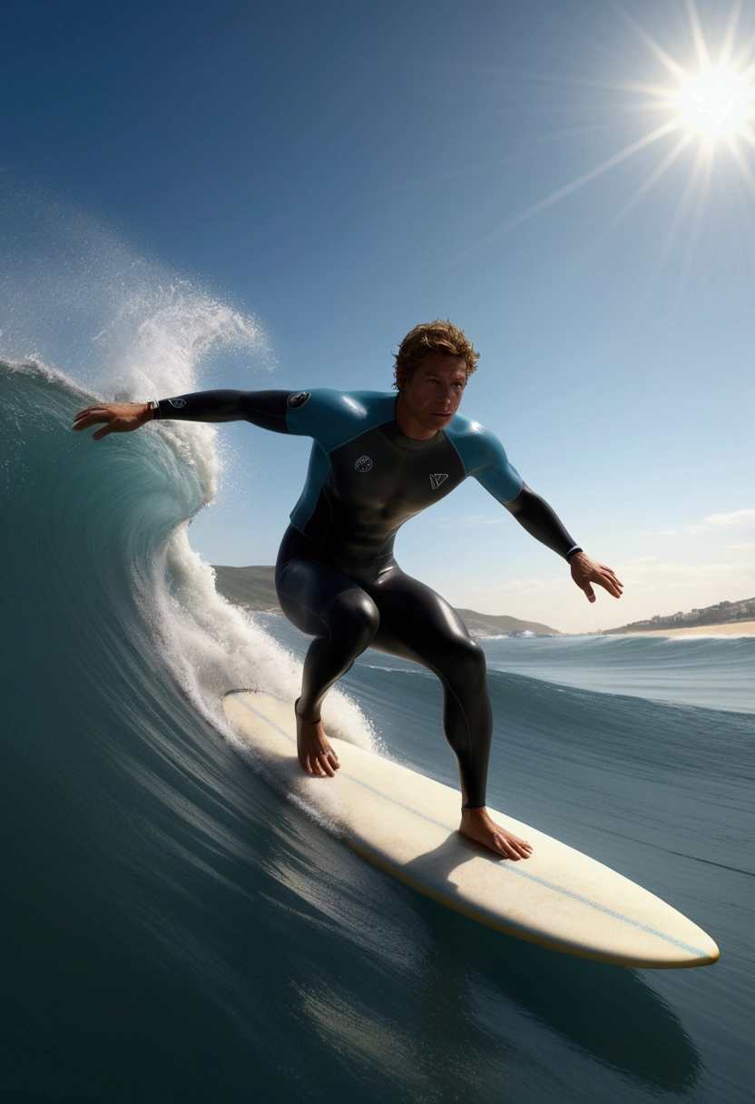 (Ultra-realistic Surfing), wearing Professional sportswear, sunset, wide angle, panorama, in Vibrant Void, juxtaposing vibrant with a sense of emptiness, captivating chiaroscuro, dynamic movement, (special effects:0.1), full body, award-winning, cinematic still, emotional, vignette, dynamic, vivid, (masterpiece, best quality, photorealistic, Professional, perfect composition, very aesthetic, absurdres, ultra-detailed, intricate details:1.3)