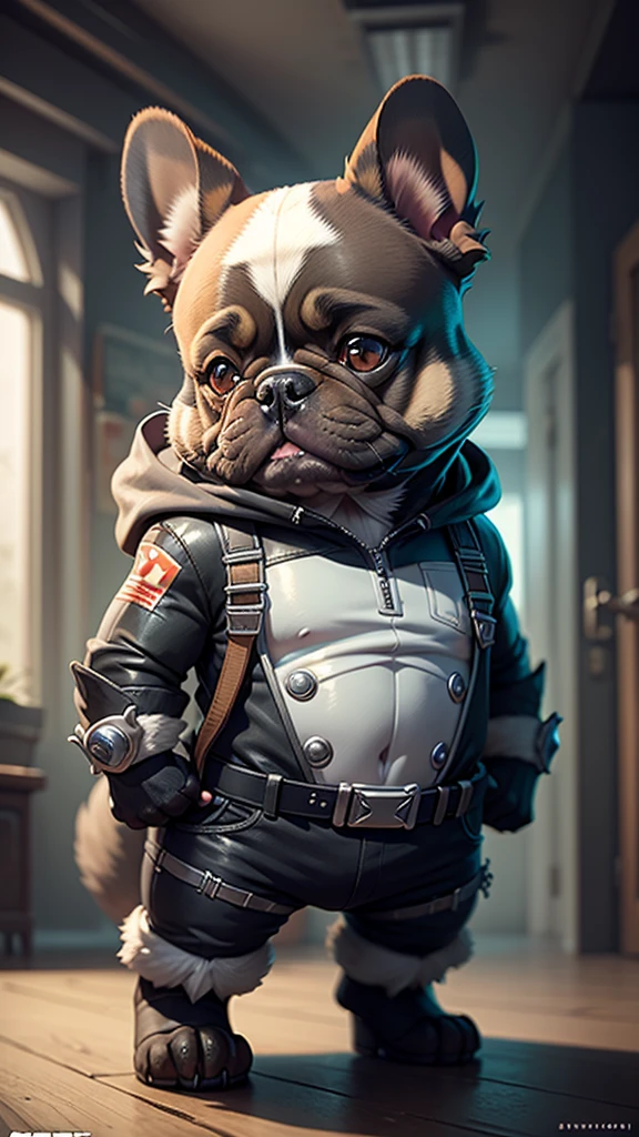 C4tt4stic,Cartoon french bulldog dog wearing iron bodysuit(Appearance characteristics of the French bulldog、body hair is black