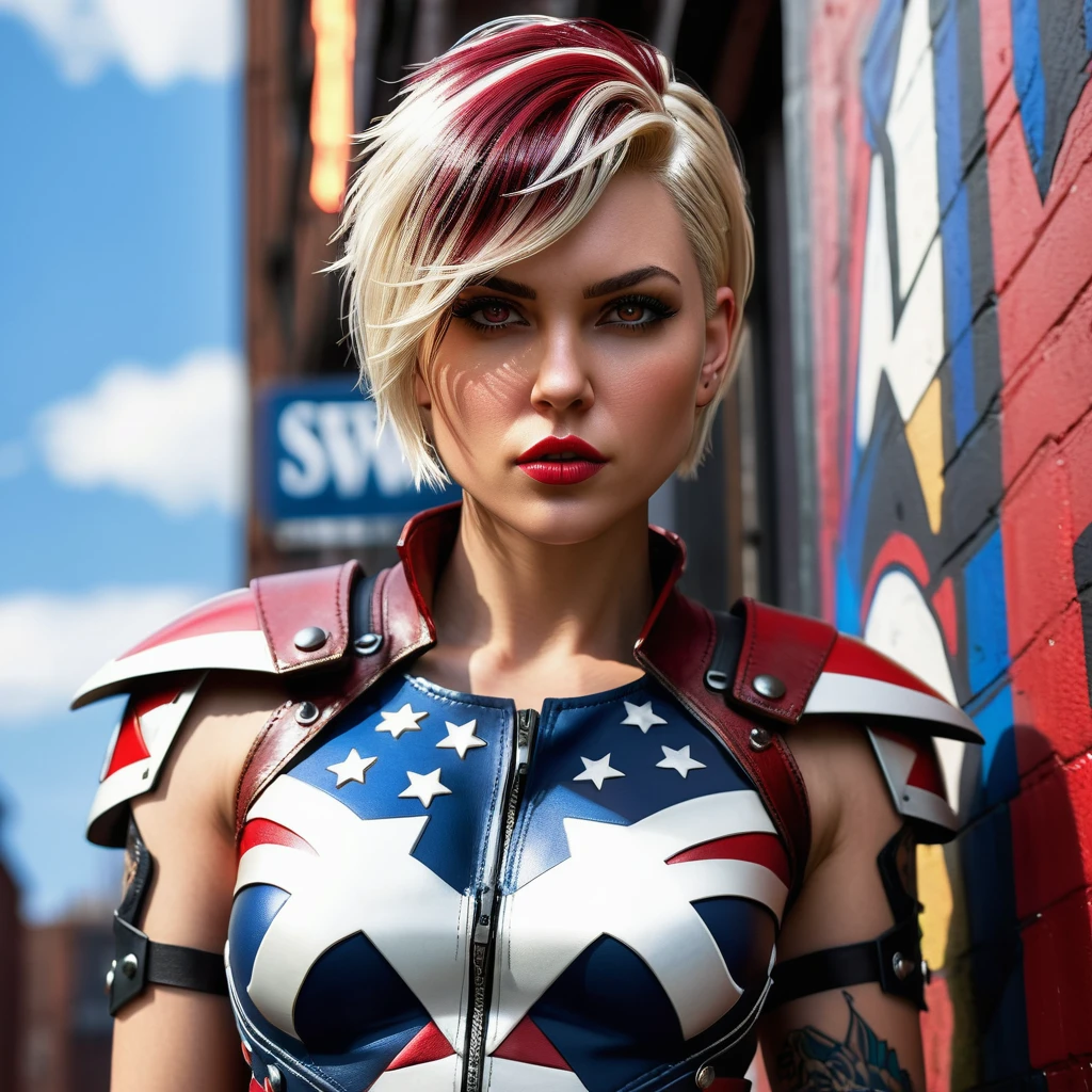 star Police cap wearing a black lace dress and an open red leather jacket, long dark hair, beautiful detailed eyes, beautiful detailed lips, extremely detailed eyes and face, longeyelashes, scarlet witch from avengers, loraelizabeth CG Ultrarealistic ,((premium、32K、masterpiece、NffSW:1.3)), (superfine illustration)、(super high resolution), (((adult body))), (((1 girl in))), ((( short hair bob ))), 25 year old cyberpunk gladiator with perfect body, Shoulder pads with metal spikes., Gladiadores in Brooklyn, (( short hair bob )), Torn rugby team t-shirt, Almost naked in the wild urban style of Simon Bisley, short blonde hair, minimal clothing, Metallic protection on the left arm with complex graphics....., Dark red with white stars and blue and white stripes., armor, Full of spikes and rivets., poison tattoo (((Image from the knee up))), short white blonde hair, In the background、 There is a wall with an intricate design painted by Shepard Fairey....., , model photoshoot, RAW photography,ultra-detailed, realistic:1.37, photo-realistic, HDR, studio lighting, ultra-fine painting, sharp focus, physically-based rendering, extreme detail description, professional, vivid colors, bokehvaries,multi,etc. --v 6 --s 1000 --c 20 --q 5 --chaos 100