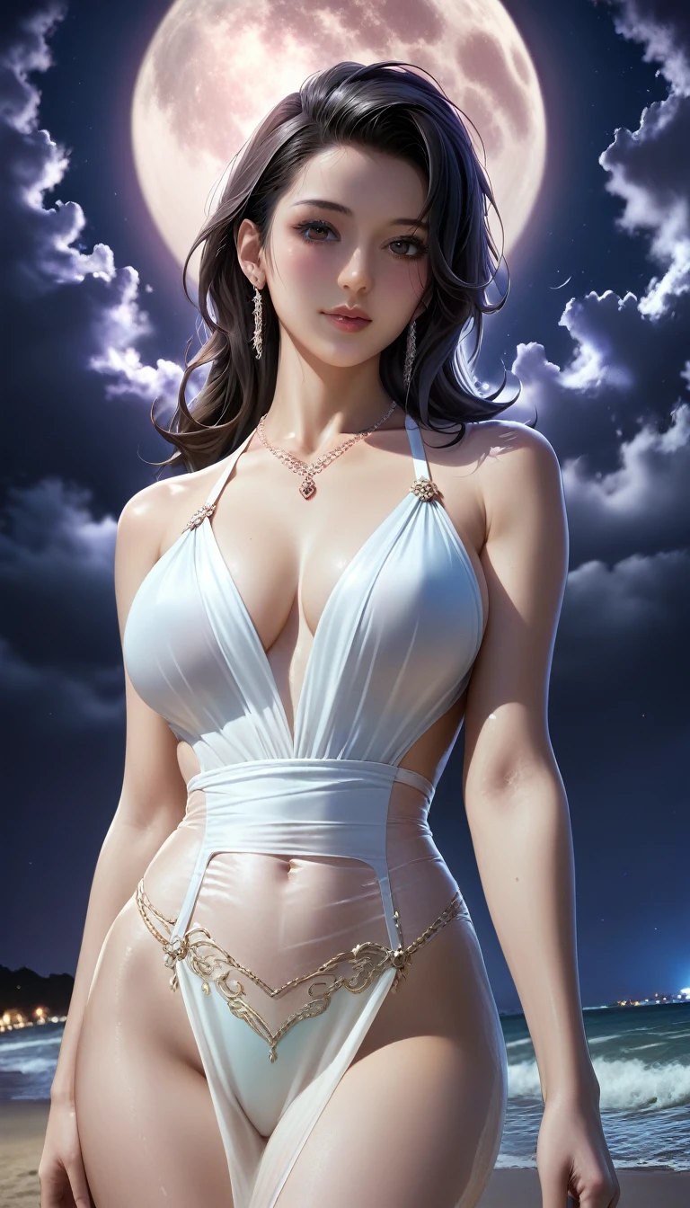score_9, score_8_superior, score_7_superior, Masterpieces with up to 16K resolution,Highest quality,it is really amazing,Very detailed,Ultra-high resolution,(Ultra-realistic:1.1),(Realistic:1.1),Increased depth of field,Cinematic lighting,
Elegant Japanese MILF,
Long black hair,Ultra-detailed and beautiful face,Translucent white skin,Realistic skin texture,
(Elegant swimwear:1.1),
Bold design,Artistic design,Beautiful and detailed pattern,Detailed fabric texture,
Gorgeous necklace,Earrings,
(Deserted beach at night:1.4),(Big Moon:1.4),(Dark night sky with dark clouds:1.4),
(Dramatic Angle:1.1),