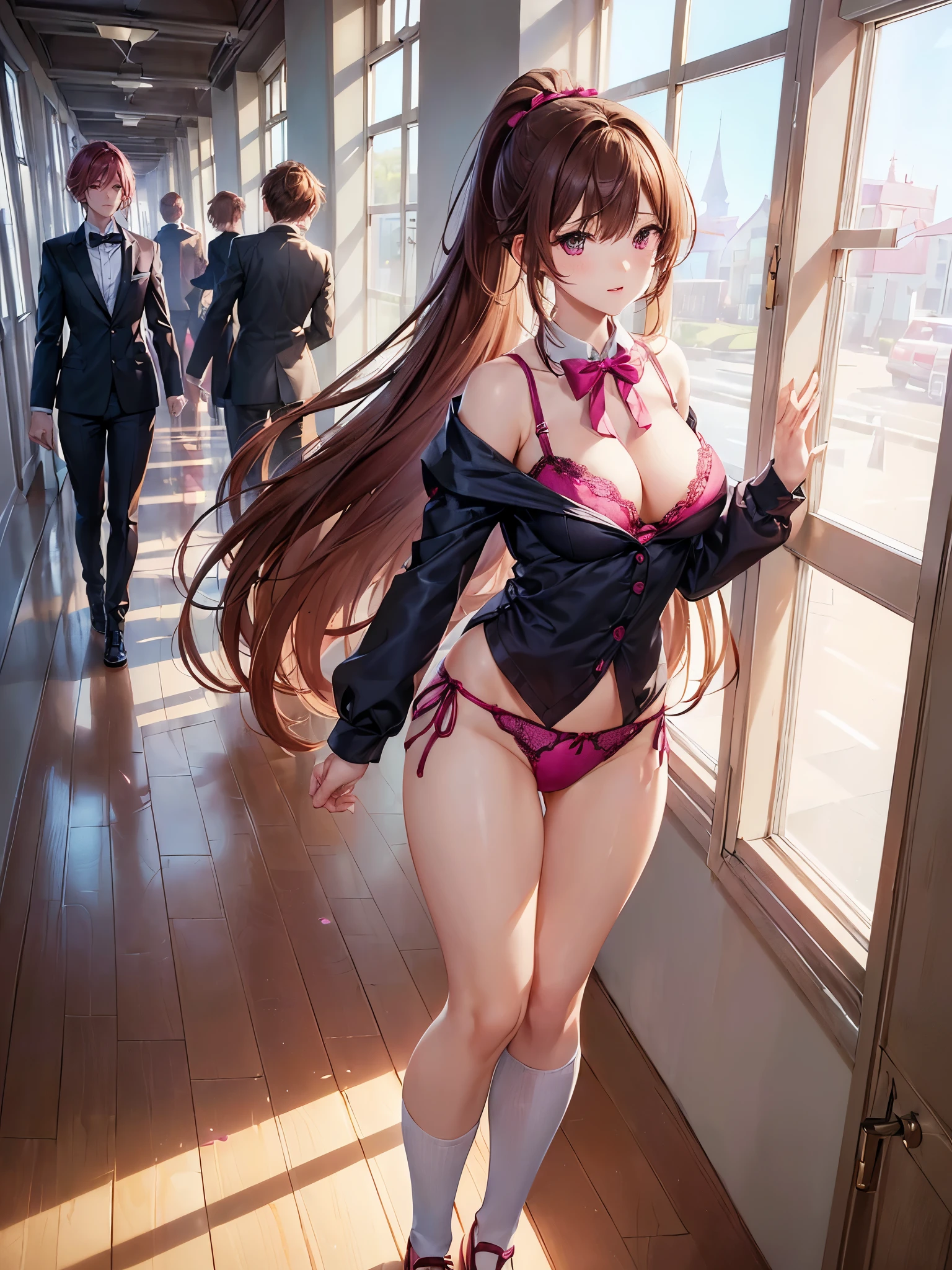 (((masterpiece, Highest quality, High resolution, 超High resolution, Perfect Pixel, Depth of written boundary, 4K, RTTX 10.0))), Beautiful Anime Woman, Beautiful art style, Anime characters, ((Smooth texture, Realistic texture, Anime CG Style)), Perfect and accurate finger count、Exact number of legs、(Exact number of arms:1.0, Exact number of hands:1.0), (Perfect hands, Perfect Anatomy), Cinematic, Realistic, Extremely detailed CG, Daytime lighting, Perfect lighting, Best Shadow, The best natural light, whole body, Perfect body, バランスのとれたPerfect body, Perfectly balanced style, Soft body, Slender body, ((bangs, Reddish brown hair, Long Hair, ponytail)), ((A cute adult woman is walking:1.8)), ((Bow tie around neck:1.3), (Sexy and cute magenta underwear:1.3), (Stylish shiny magenta satin panties, Side-tie panties, Panties with plain magenta center and lace decoration on the sides:1.3), (Magenta Micro Lace Satin Bra, Magenta bra with oversized lace trim around the edges:1.3), (Knee-high socks:1.3):1.4), (Beautiful big boobs:1.1), (Embarrassed expression:1.5), blush, (School corridor, Corridor with windows, Long corridor, In the background, there are many male students walking., The boys are paying attention to the girls:1.7), naked, In underwear, Only bra, panties and knee socks, School shoes, Angle from below the front