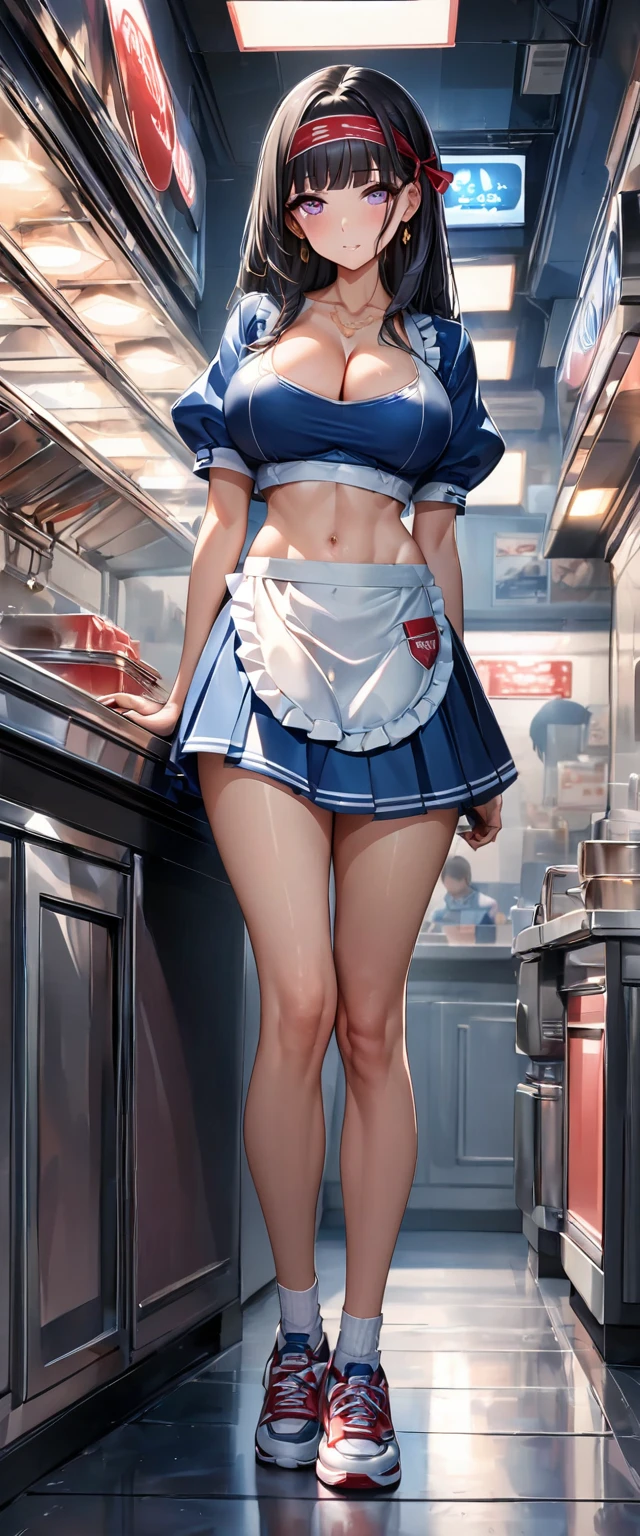 (Perfect Anatomy)、Mastepiece、Ultra High Quality、 8k、masterpiece、Highest quality、Ultra-high resolution、Maximum resolution、Very detailed、Professional Lighting、anime、Adult female、thin、so beautiful、Highly detailed eye、Highly detailed face、Golden earrings、Black Hair,、Pink eyes, , Braiding、Straight bangs, full body, standing, BREAK (white and blue theme:1.4), (cute diner clerk costume:1.3), (short puff sleeve white crop top with plunking neckline:1.4), (ruffles on neckline:1.3), ((collarbone, stomach, emphasize breast cleavage):1.3), (A-line blue miniskirt with ruffles:1.3), (wearing a white half-apron over a A-line skirt:1.4), (sports shoes:1.2),
BREAK (red headband with red ribbon:1.3), (red ribbon on hair:1),