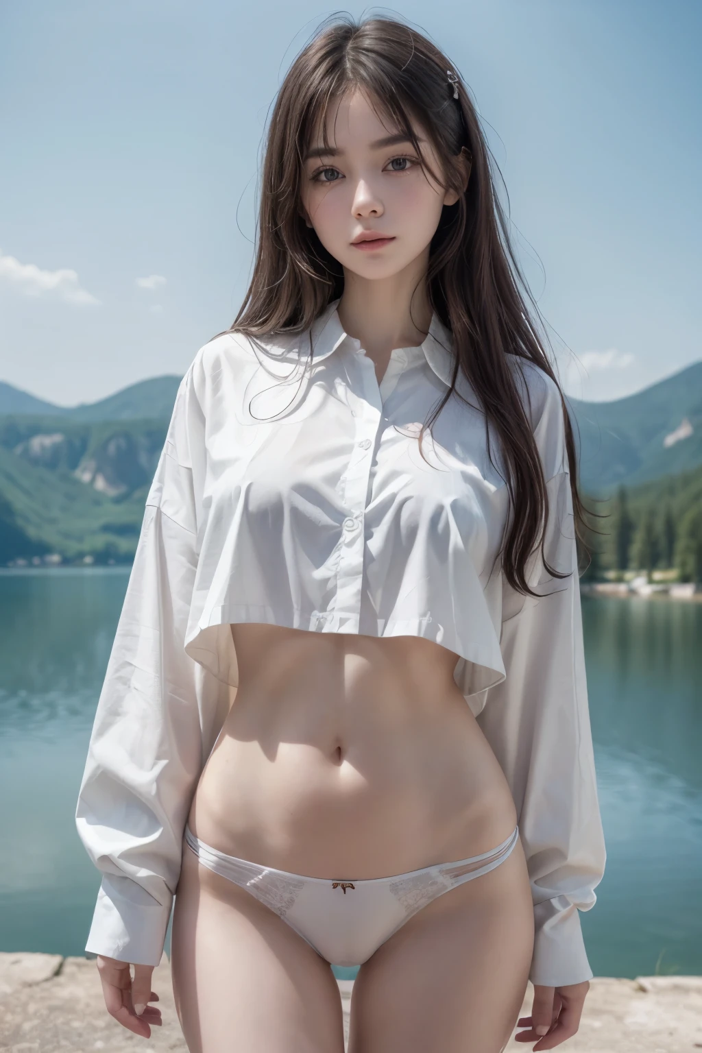 (highly detailed body, highly detailed pretty cute face, best quality:1.2), (pale smooth skin, fair white skin), 2 girls, look at viewer, (oversized shirt, cute white panties), (lake in background:1.4), vagina slit, vagina, butt, 