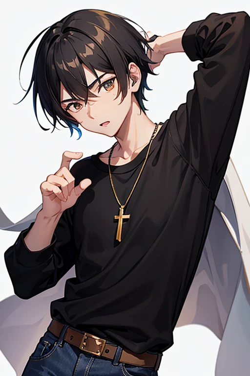 Bennett from Genshin Impact, ************, black hair, brown eyes, open white sweatshirt, black t-shirt, gold cross necklace, blue jeans, looking in profile directly at viewer, white background