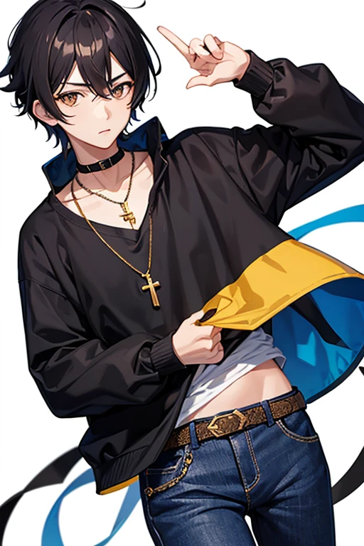 Bennett from Genshin Impact, 16 years old, black hair, brown eyes, open white sweatshirt, black t-shirt, gold cross necklace, blue jeans, looking in profile directly at viewer, white background