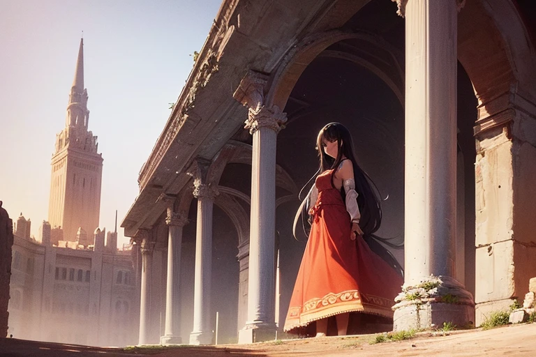 Under a cloudless sky, on top of a hill in the red desert, with a tall white tower visible in the distance, at the entrance to ruins with only crumbling columns and beams remaining, in the darkness deep within the ruins, a girl with long black hair, dark skin and wearing traditional clothing is looking in the direction of the camera.