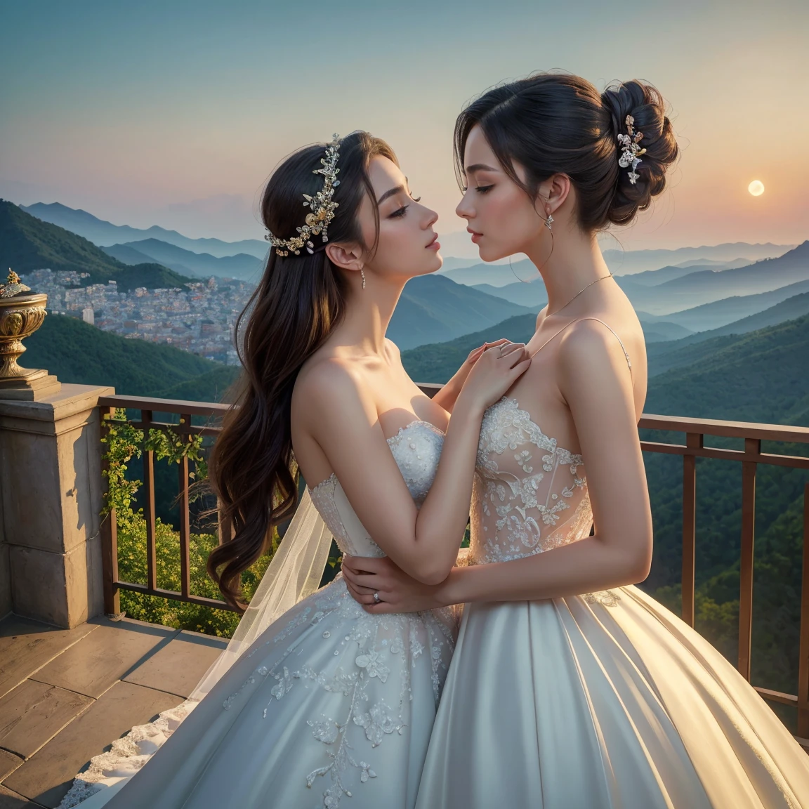 (masterpiece, highest quality, official art, beauty and aesthetic:1.5), (perfect anatomy, perfect hands), two stunning bride is deeply in love with each other, kiss, romantic atmosphere, flower and moon, magnificent panorama view