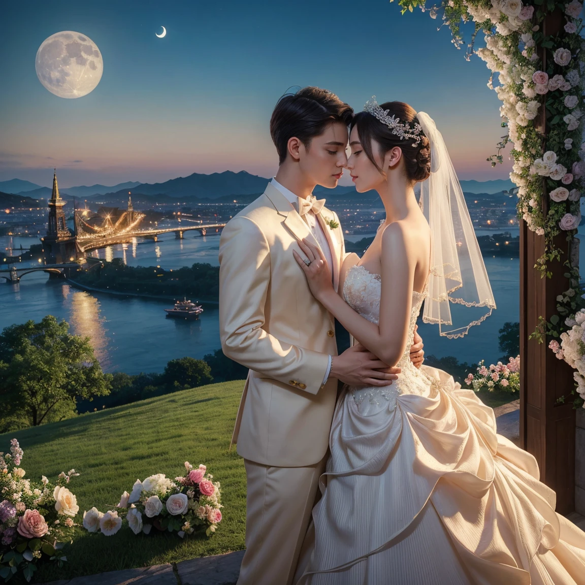 (masterpiece, highest quality, official art, beauty and aesthetic:1.5), perfect anatomy, two stunning bride is deeply in love with each other, kiss, romantic atmosphere, flower and moon, magnificent panorama view