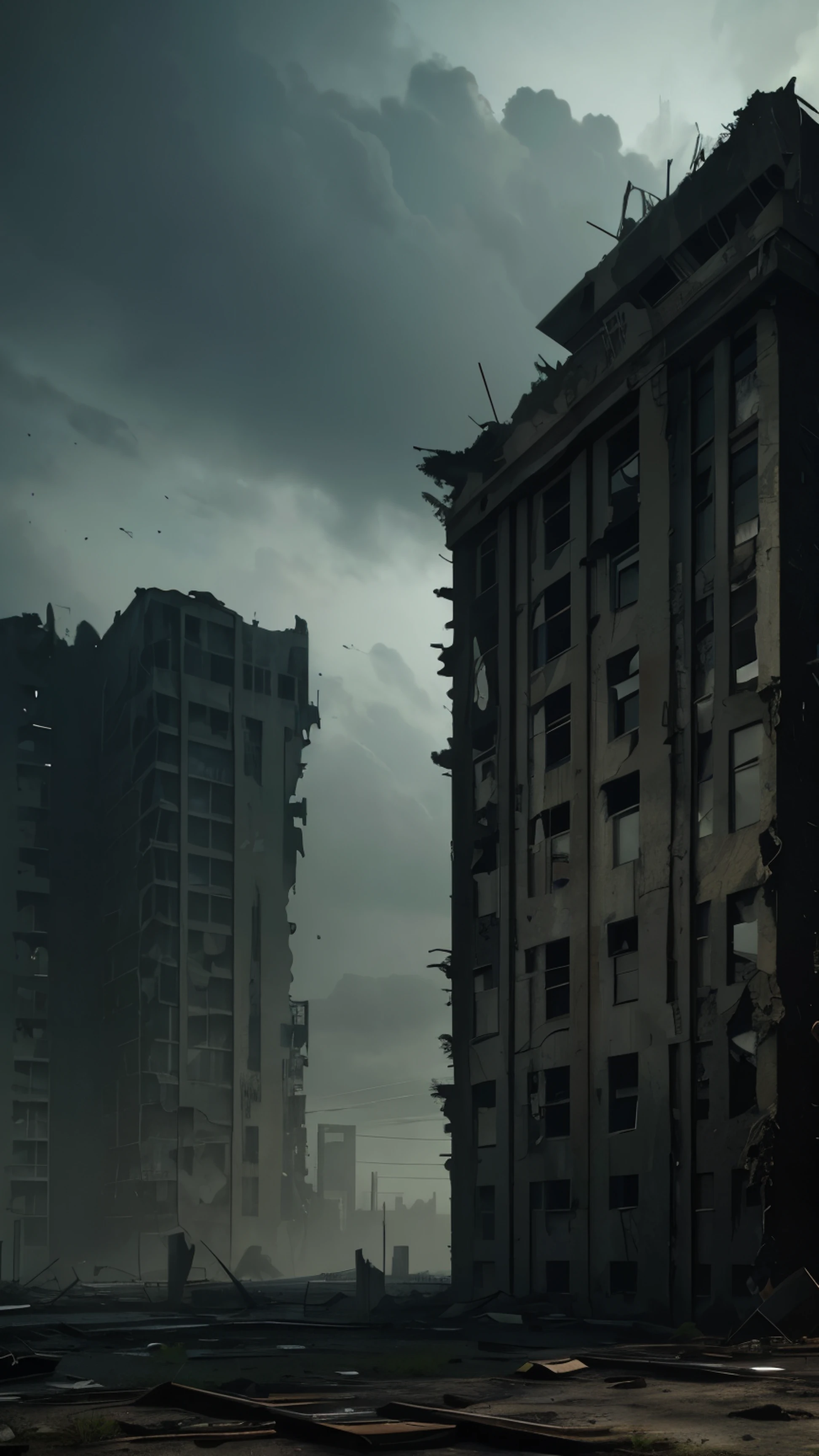 detailed post-apocalyptic, crumbling abandoned buildings, decaying architecture, moody lighting, muted color palette, cinematic composition, high-quality 3D render, realistic details, HDR, photorealistic