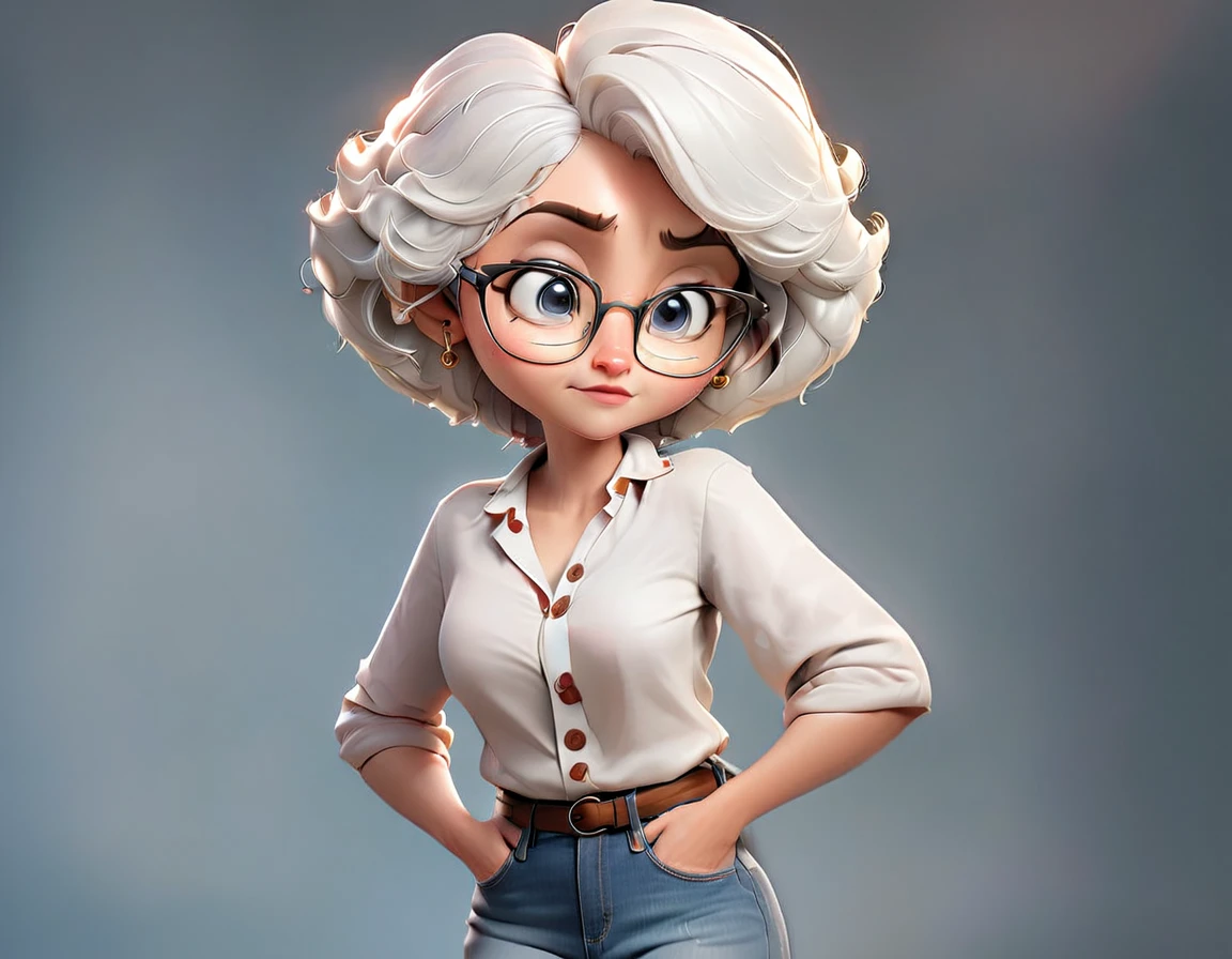 A woman with glasses, short curly white hair, large breasts, thin waist, wide hips, wearing a white blouse and light blue jeans, looking at her entire body, happy with her appearance