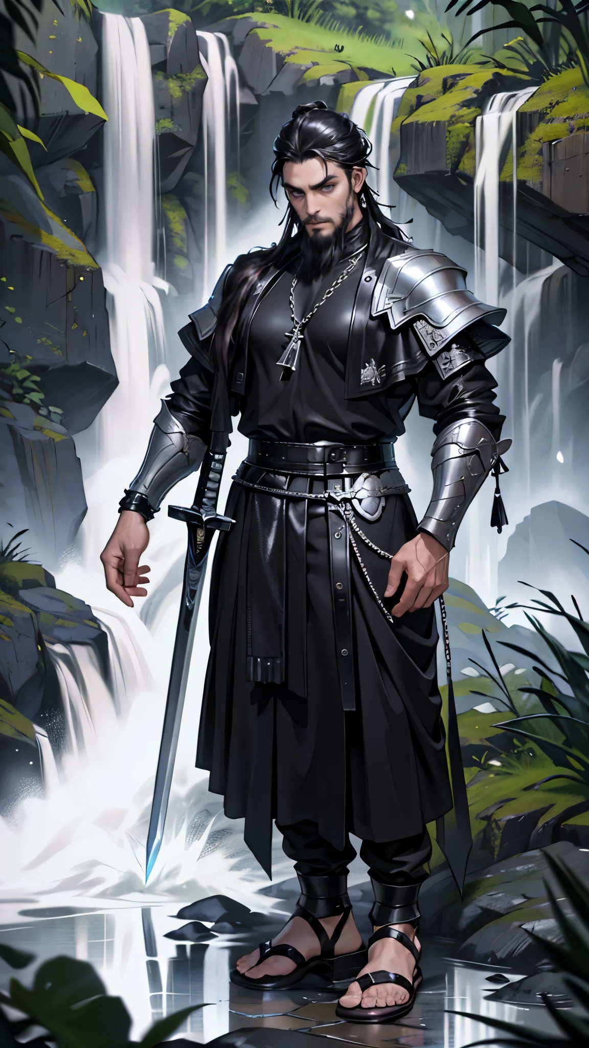 masterpiece, ultra detailed, 8K Portrait, Raw photo, man's portrait photography, full body, Highly detailed face, ((Fantasy)), 1 man, (((daring middle aged man))), Adult cool, 35 years old, 175cm, (((king))), Tight eyes, (((black topknot hair))), (((black chain mail))), leather soled sandals, ((equip a long sword)), Midnight Moon, Hyper realistic, Strong body, by the water fall, Ambient lighting, Shadow details , Camera focus on face, strong breeze, Light fog