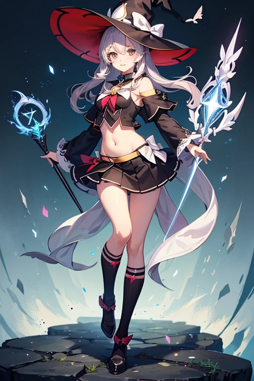 Magical girl、Witch Hat、Magic wand、Detailed face、Black knee-high socks and knee skirt、Thighs、Belly button、whole body