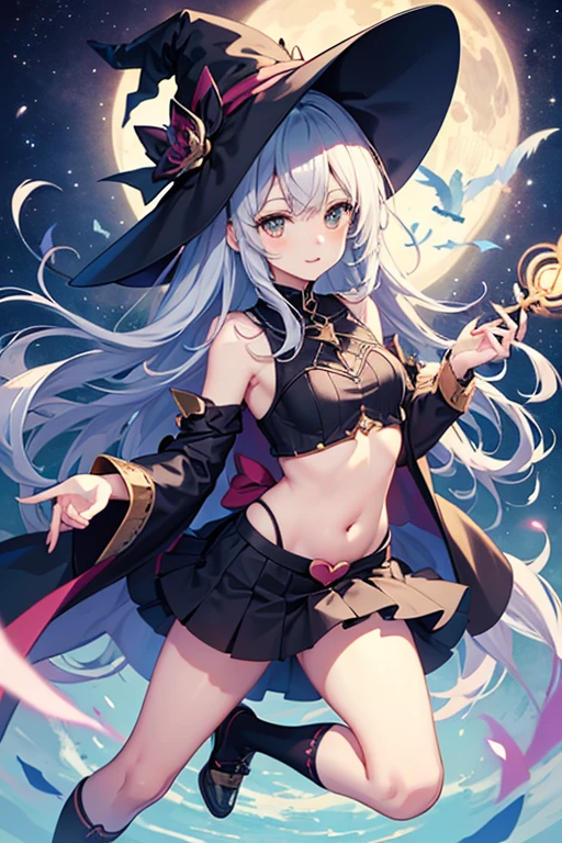 Magical girl、Witch Hat、Magic wand、Detailed face、Black knee-high socks and knee skirt、Thighs、Belly button、whole body