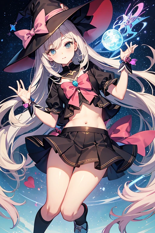 Magical girl、Witch Hat、Magic wand、Detailed face、Black knee-high socks and knee skirt、Thighs、Belly button、whole body