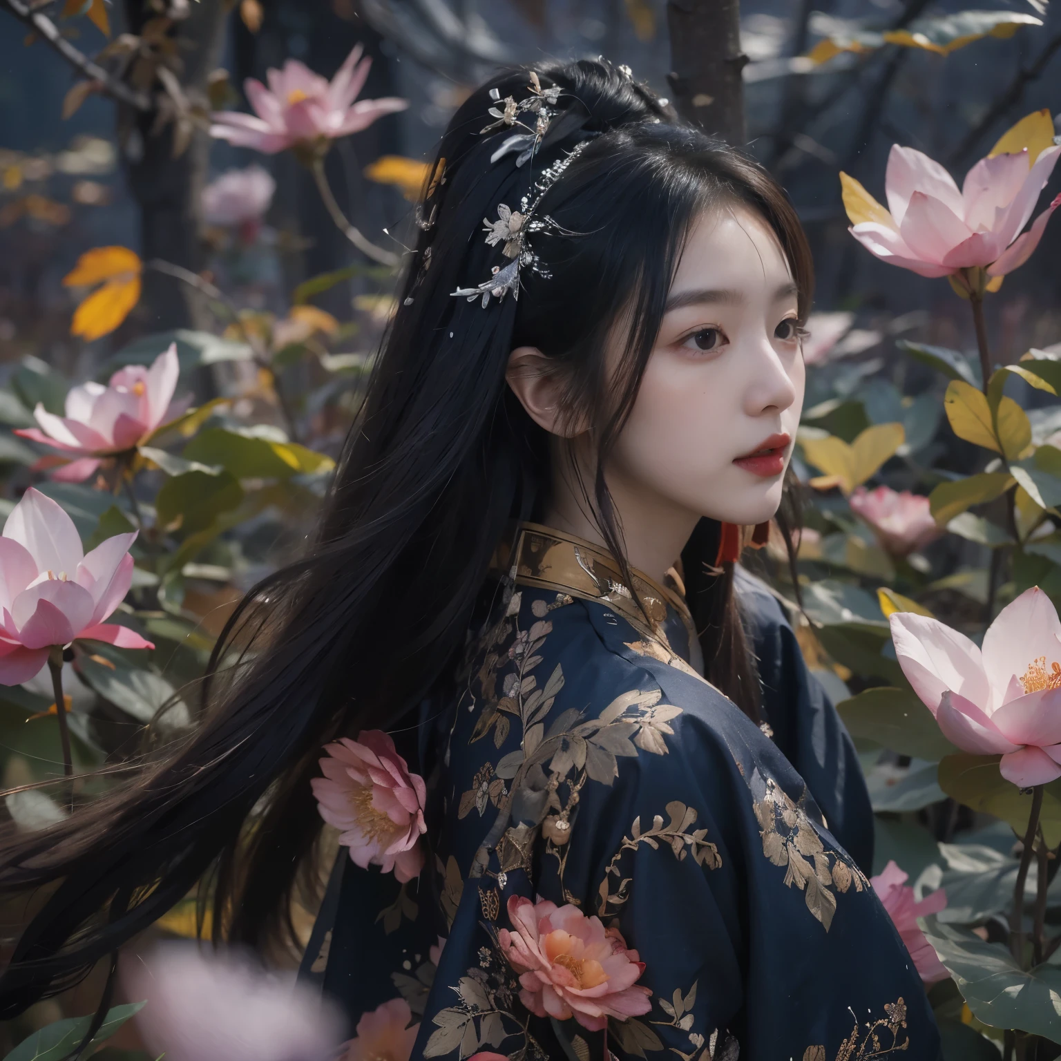 32K(masterpiece,k hd,hyper hd,32K)long flowing black hair,pond,flower, color, Aozhou people (concubine girl), (silk scarf), battle stance, Looking at the ground, long gray hair, floating hair, carp pattern headdress, Chinese Long Sleeve Clothing, (abstract ink stains:1.2), 분홍color flower잎 배경,분홍color과 흰color 연flower이 날아다닌다(In reality:1.4),검은 color 머리카락,Fallen leaves are fluttering,The background is pure., high resolution, Detail, RAW photographer, sharp ash, Nikon D850 film stock photo: Jefferies Lee 4 Kodak Portra 400 카메라 F1.6 shots, 풍부한 color상, Very realistic vivid textures, dramatic lighting, Unreal Engine Art Station Trends, Sinestyr 800,long flowing black hair,denim skirt