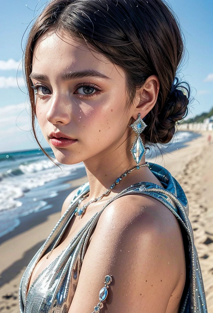 (Masterpiece artwork, best qualityer), details Intricate, realisitic, fotorrealisitic, um close de uma mulher vestindo earrings, inspired by Emma Andijewska, wrapped in crystals, silver color, long earrings, sandra chevier, huge earrings, 2019, brown-eyed, platinum jewelry, earring, flawless structure, earring de prata, of good pack, standing backwards, on the beach looking at the sea