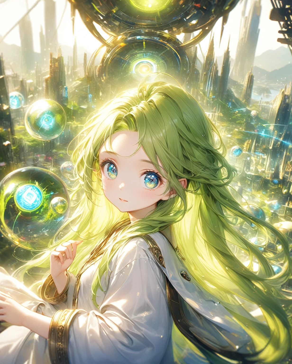 (Highest quality,8k,32K,masterpiece,Ultra-high resolution :1.2 ),born,One girl,Super cute,Natural light,Clear, shining eyes,20-year-old,Fair skin,Electronic world fantasy background,Green Hair,long hair