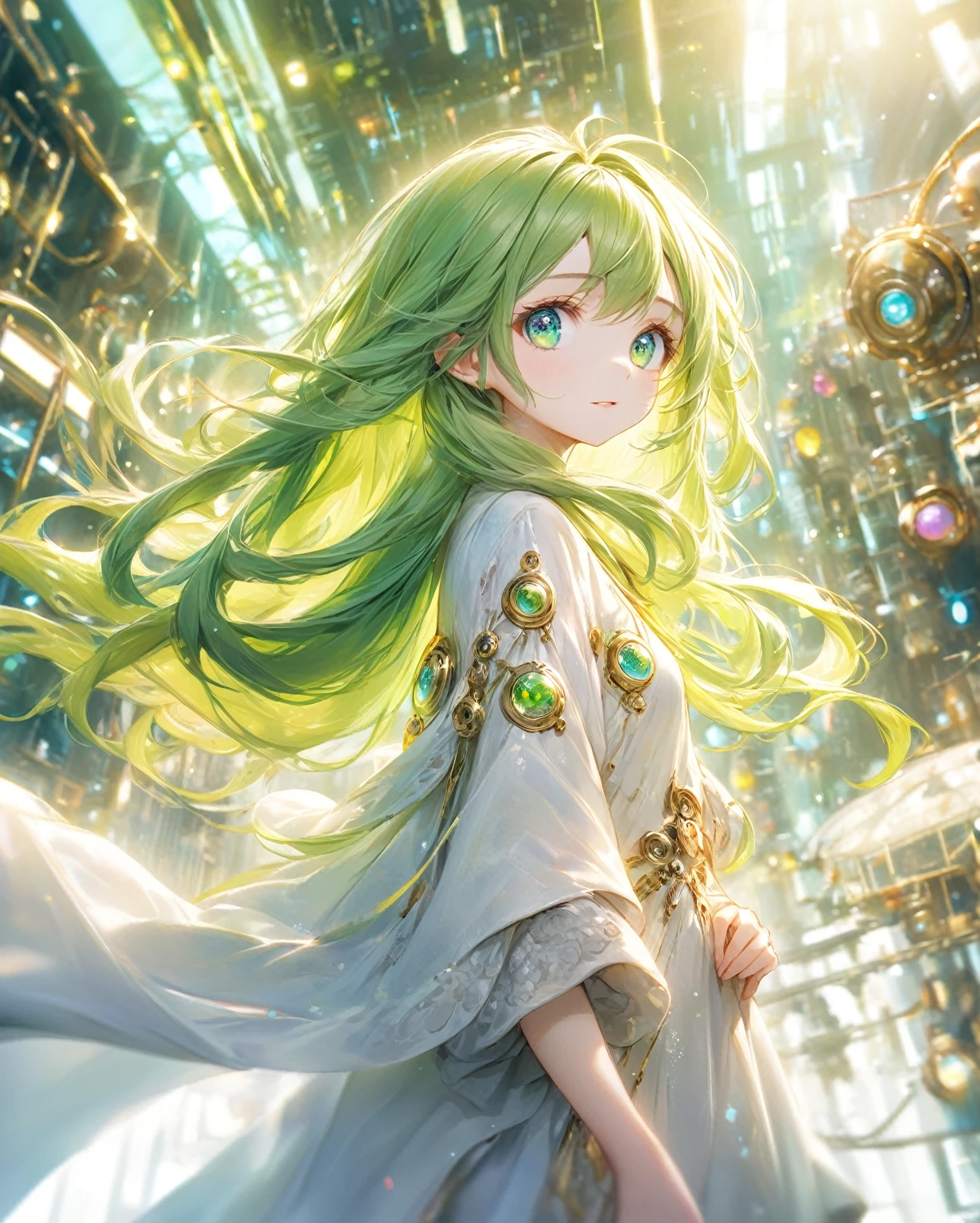 (Highest quality,8k,32K,masterpiece,Ultra-high resolution :1.2 ),born,One girl,Super cute,Natural light,Clear, shining eyes,20-year-old,Fair skin,Electronic world fantasy background,Green Hair,long hair