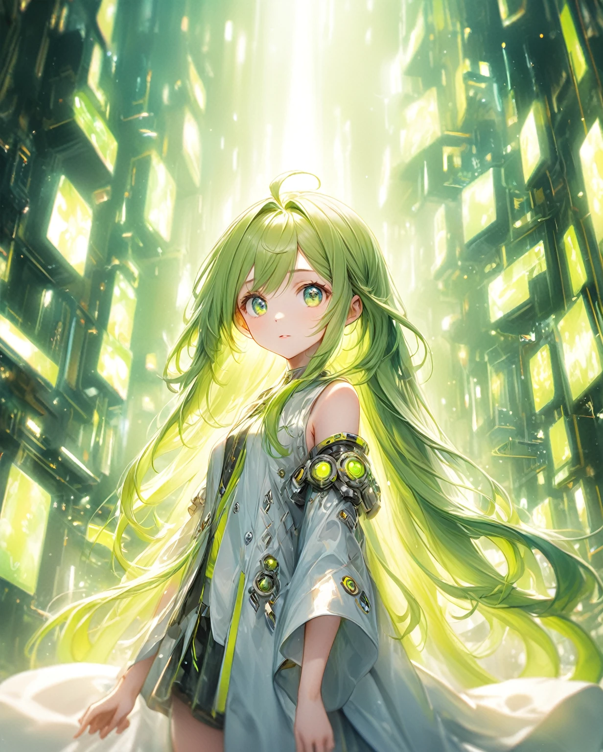 (Highest quality,8k,32K,masterpiece,Ultra-high resolution :1.2 ),born,One girl,Super cute,Natural light,Clear, shining eyes,20-year-old,Fair skin,Electronic world fantasy background,Green Hair,long hair