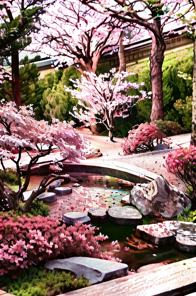 A beautiful, serene landscape with cherry blossoms,Japanese Garden, a stunning gradient of colors, soft light, and a sense of tranquility, (best quality,4k,8k,highres,masterpiece:1.2),ultra-detailed,(realistic,photorealistic,photo-realistic:1.37),detailed cherry blossoms, intricate petals, rolling hills, abstract elements, delicate, pink, blue, purple, calm, fantasy,