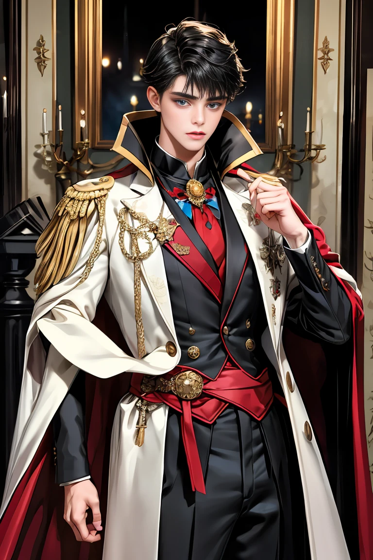 masterpiece, 最high quality, high quality, 1 boy, alone, Male focus, Watching the audience, Messy black hair, Adorable big blue eyes, White, Noble, Noble,A sexy, voluminous, puffy cape、tuxedo、A very voluminous, large, very large, very large, long, long red and black cape with a high stand-up collar, made of a lot of fabric that reaches down to the floor., ,Cute beautiful boys,Cute, cute, kind, handsome guy