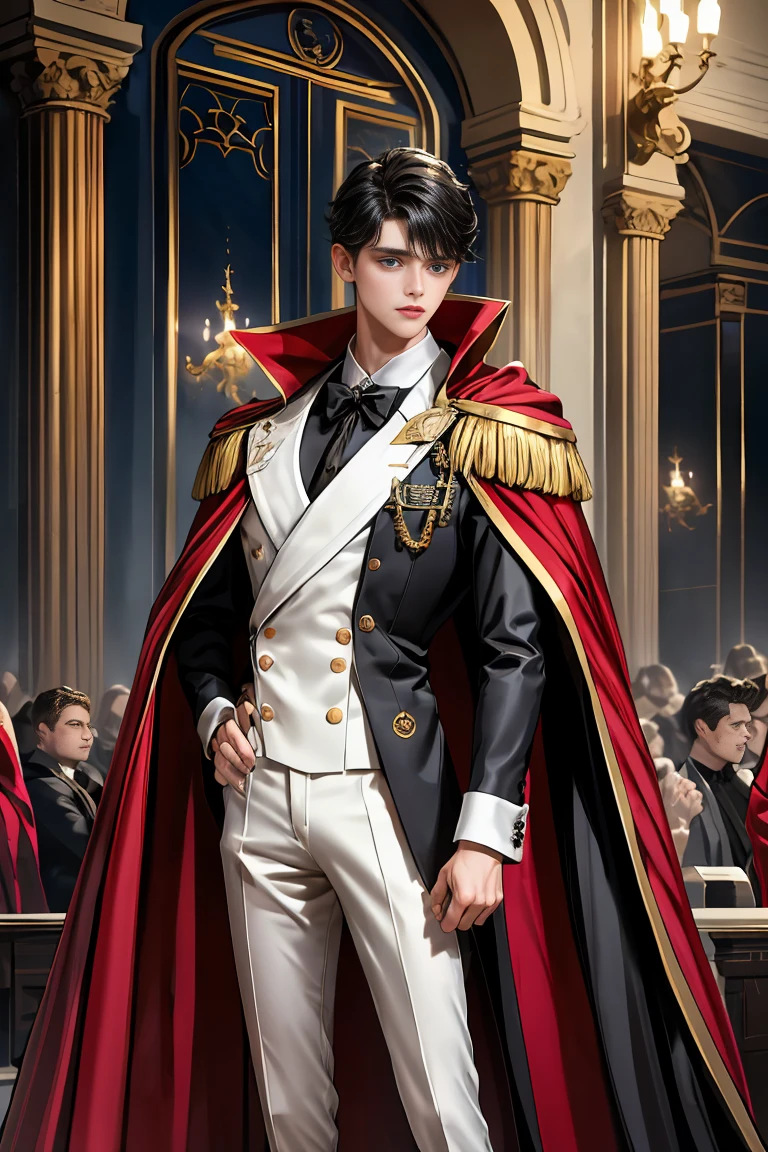masterpiece, 最high quality, high quality, 1 boy, alone, Male focus, Watching the audience, Messy black hair, Adorable big blue eyes, White, Noble, Noble,A sexy, voluminous, puffy cape、tuxedo、A very voluminous, large, very large, very large, long, long red and black cape with a high stand-up collar, made of a lot of fabric that reaches down to the floor., 17 years old,Cute beautiful boys,Cute, cute, kind, handsome guy