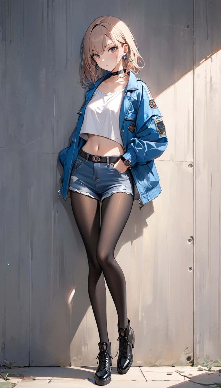 Highest quality, wonderful_delicate, beautiful, 8k, Jacket, Earrings, choker, concept,whole body,Leaning against a wall,Watch the viewer with a sideways glance,Low rise,Jeans Hot Pants,Black Pantyhose,Groin