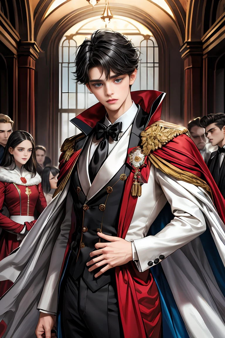 masterpiece, 最high quality, high quality, 1 boy, alone, Male focus, Watching the audience, Messy black hair, Adorable big blue eyes, White, Noble, Noble,A sexy, voluminous, puffy cape、tuxedo、A very voluminous, large, very large, very large, long, long red and black cape with a high stand-up collar, made of a lot of fabric that reaches down to the floor., 17 years old,Cute beautiful boys,Cute, cute, kind, handsome guy