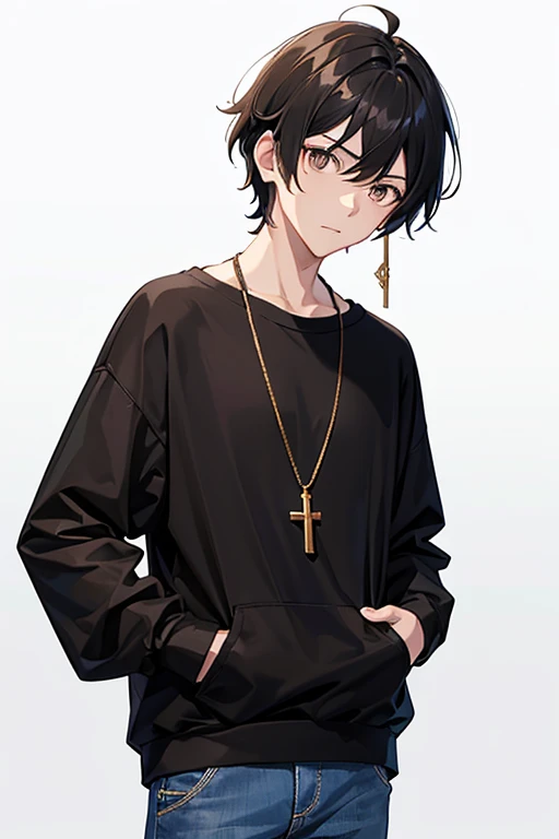 Bennett from Genshin Impact, 16 years old, black hair, brown eyes, open white sweatshirt, black t-shirt, gold cross necklace, blue jeans, looking in profile directly at viewer, white background