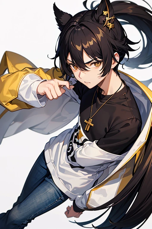 Bennett from Genshin Impact, 16 years old, black hair, brown eyes, open white sweatshirt, black t-shirt, gold cross necklace, blue jeans, looking in profile directly at viewer, white background
