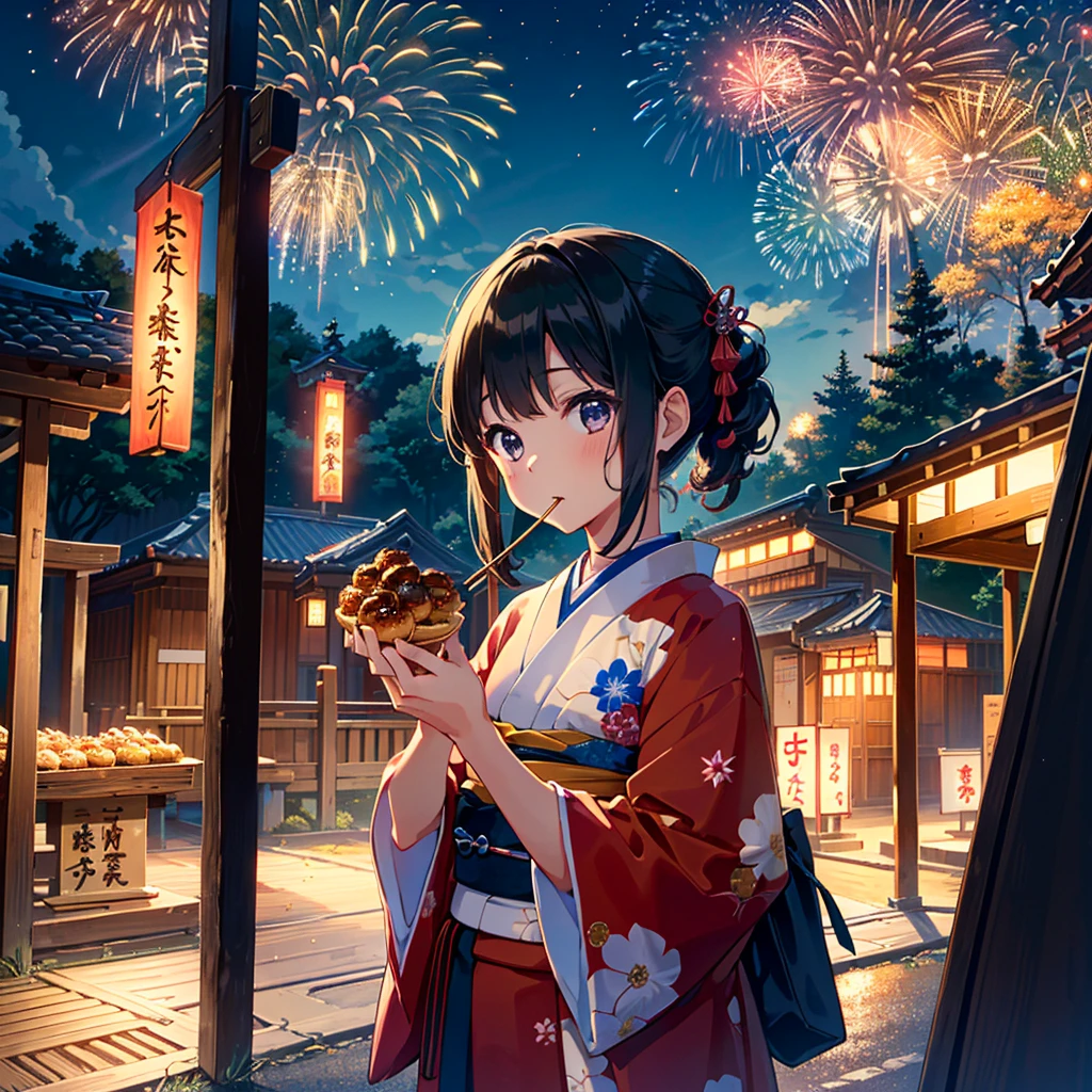 
((Masterpiece)), ((Top quality)), ((Beautiful details)), ((Super details)), Japanese summer festival at night, on the road, fireworks, ((Japanese clothes)), ((1 solo) ), ((1girl)), cowboy shot, female, female, young, , holding a container of takoyaki in her hand, young, , small, toothpick inserted into takoyaki,