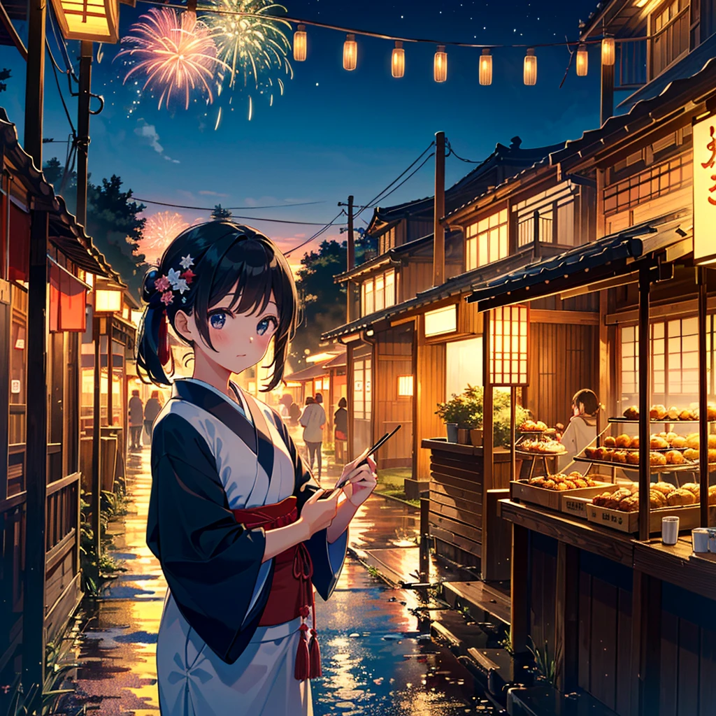 ((Masterpiece)), ((Top quality)), ((Beautiful details)), ((Super details)), Japanese summer festival at night, on the road, fireworks, ((Japanese clothes)), ((1 solo) ), ((1girl)), cowboy shot, female, female, young, , holding a container of takoyaki in her hand, young, , small, toothpick inserted into takoyaki,