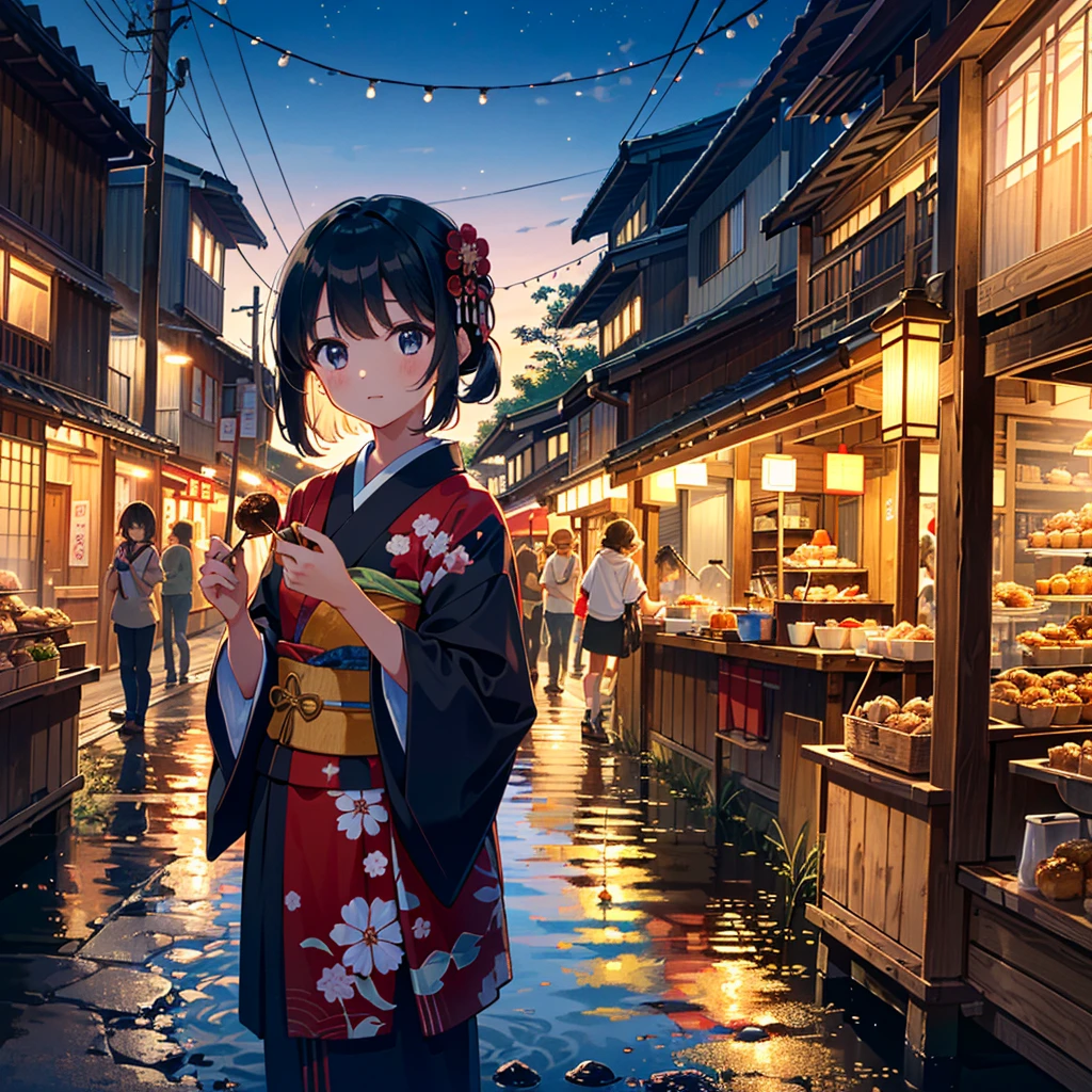 ((Masterpiece)), ((Top quality)), ((Beautiful details)), ((Super details)), Japanese summer festival at night, on the road, fireworks, ((Japanese clothes)), ((1 solo) ), ((1girl)), cowboy shot, female, female, young, 5 years old, holding a container of takoyaki in her hand, young, , small, toothpick inserted into takoyaki,