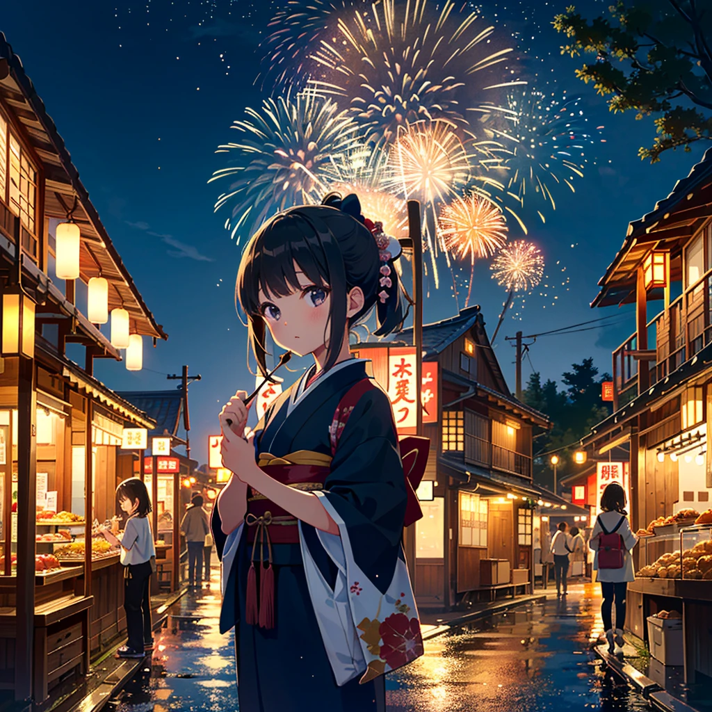 
((Masterpiece)), ((Top quality)), ((Beautiful details)), ((Super details)), Japanese summer festival at night, on the road, fireworks, ((Japanese clothes)), ((1 solo) ), ((1girl)), cowboy shot, female, female, young, , holding a container of takoyaki in her hand, young, , small, toothpick inserted into takoyaki,
