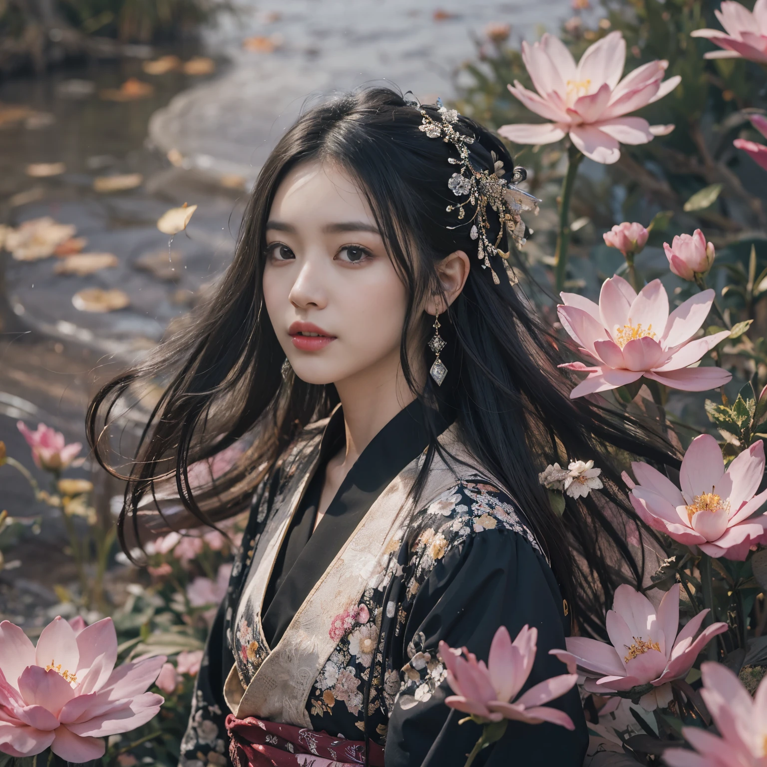 32K（masterpiece，k hd，hyper hd，32K）long flowing black hair，pond，flower， color，  Asian （stupid girl）， （silk scarf）， battle stance， Looking at the ground， long gray hair， floating hair， carp pattern headdress， Chinese Long Sleeve Clothing， （abstract ink stains：1.2）， 분홍color flower잎 배경，분홍color과 흰color 연flower이 날아다닌다（In reality：1.4），검은 color 머리카락，Fallen leaves are fluttering，The background is pure.， high resolution， Detail， RAW photographer， sharp ash， Nikon D850 film stock photo: Jefferies Lee 4 Kodak Portra 400 카메라 F1.6 shots, 풍부한 color상, Very realistic vivid textures, dramatic lighting, Unreal Engine Art Station Trends, Sinestyr 800，long flowing black hair