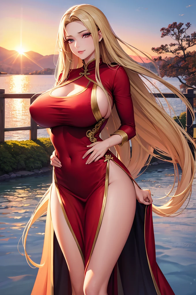 (Art: 1.2), (best quality: 1.2) 1 woman, mature, tall (1.85), She appeared to be around 28 years old, had long golden hair, straight and shiny hair, blood red eyes, extremely detailed, perfect eyes , extremely realistic eyes, well-aligned eyes, long eyelashes, anime style, perfect face, milf face, full lips, smiling, mature, clear skin, natural body, sexy body, MILF body, hands on waist, perfect hands, detailed hands, hands well proportioned to the body, realistic hands, arms with good anatomy, she wore an immortal Chinese oriental style golden dress, the dress still couldn't hide her extremely large and huge breasts that were hanging down due to her size, thick thighs, wide hips, Looking at the viewer, background scenery, scenery at a Chinese viewpoint on the edge of a lake, in the background posing the setting sun, alone Looking at the viewer