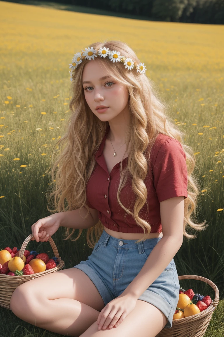 (girl:1.2),alone, (long blond curly hair:1.1), brown eyes, Wearing a daisy wreath on your head, Sit in a daisy field, (fruit basket:1.1), blue shorts, red shirt,,raw,photographic,photo shadows,actual,Ridiculous,Aesthetic,elegant