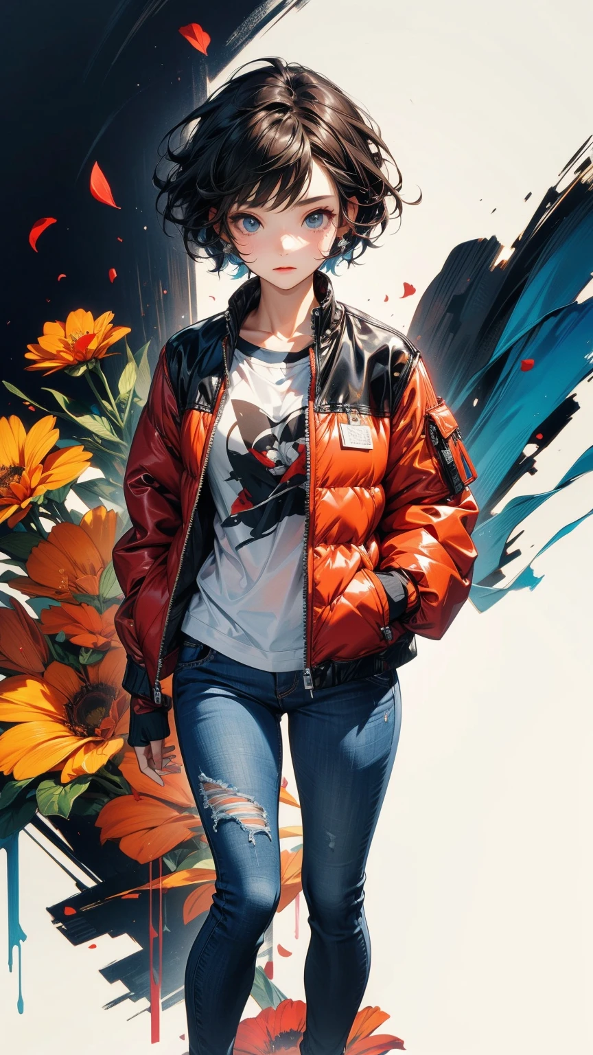 From above, 20-year-old woman, Asymmetrical short hair, Hands in pockets, Jacket and skinny jeans combination:1.2, Petal Collage, abstract design, artistic juxtapositions, And handle background, warm color, mixed-media approach, Anime Style, Digital Painting, (masterpiece, High resolution, Highest quality)