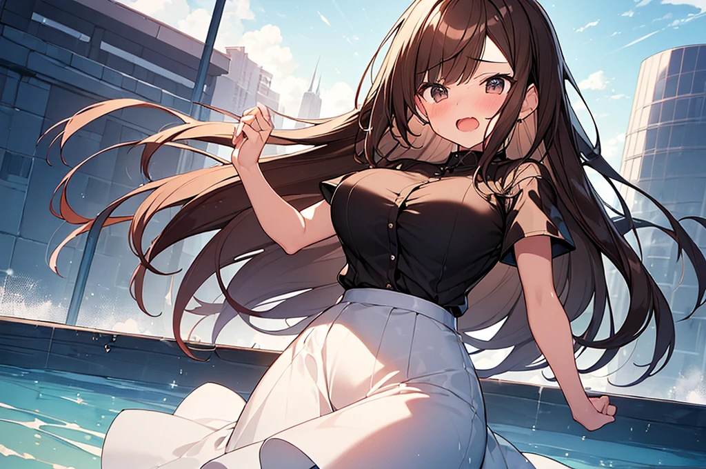 (Masterpiece, Top quality: 1.5), (1 girl, solo :1.2),  (cute design short-sleeved shirt, midi skirt:1.4), (large breasts:1.4), standard weight, (brown hair:1.4), (airy hair, wavy hair:1.3), long hair ,asymmetry bangs, swept bangs, 12 year old, angry:1.4, (flustered:1.3),  climax:1.3, beautiful scene of outdoor, dynamic pose, magnificent panorama view, wet:1.1, open mouth
