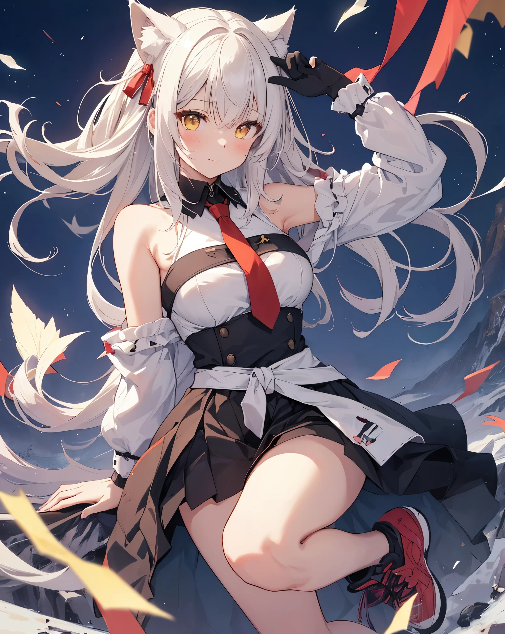 (Highest quality, Masterpiece: 1.2), (Solo), detailed night cute shot CHARACTER DESCRIPTION 1girl, cat ears, neko ears, fox tail. she's my girlfriend. solo, ((yellow eyes)), ((white_hair)). smile, long_hair, hair_between_eyes, Cute smile, she's flirting, looking_at_viewer, she blush. A girl immersed in the world of anime High school description Noise. CLOTHES bare shoulder, ribbon on hair, Red Ribbon as necktie, black transparent black shirt, white shorts, red ribbon on hair, white nike sneakers with black details. AMBIENT Japanese mountain, Red Torii, Night Blue sky, white clouds, (Anime coloring book sky), Heaven, cliff, mirage, meteorite, 1moon. CORRECTION easy hand pose ACTION she is reaching out to grasp my hand, she love me, delicate shot. relaxing shot. portrait.