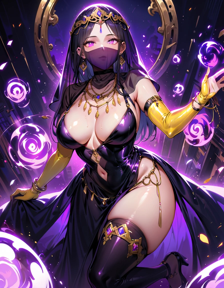 1 mature woman,,(Highest quality,Extremely detailed depiction,Incredibly absurd high resolution,Anatomically accurate depiction,Curvy Legs),(Glowing Skin,Shiny skin),(Glowing Skin,Shiny skin,Oilskin),(Sexy fortune teller),(A face veil that hides the mouth:1.3),(Luxurious accessories,Earrings,necklace,Bracelet,Long gloves,Sexy Costumes,See-through,black tights),eyelash,A little sweat,(Purple Eyes,Detailed pupil,Half-closed eyes:1.3,Crazy Eyes,There is cleavage in the chest,Bewitching Smile,glossy purple lipstick,Lips are apart,),Sitting in a chair,(Showing off a mysteriously glowing crystal ball),background:Fortune Telling House,Mysterious atmosphere