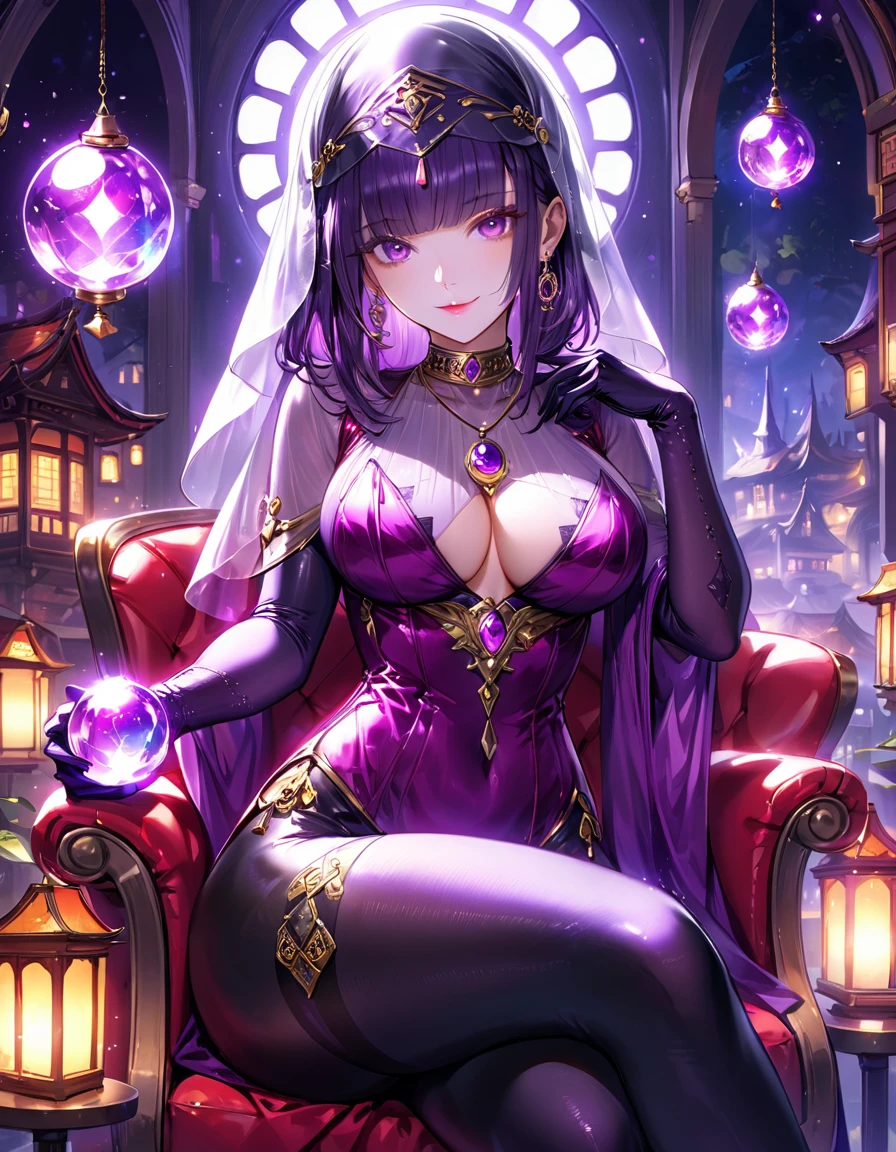 1 mature woman,,(Highest quality,Extremely detailed depiction,Incredibly absurd high resolution,Anatomically accurate depiction,Curvy Legs),(Glowing Skin,Shiny skin),(Glowing Skin,Shiny skin,Oilskin),(Sexy fortune teller),(A face veil that hides the mouth:1.3),(Luxurious accessories,Earrings,necklace,Bracelet,Long gloves,Sexy Costumes,See-through,black tights),eyelash,A little sweat,(Purple Eyes,Detailed pupil,Half-closed eyes:1.3,Crazy Eyes,There is cleavage in the chest,Bewitching Smile,glossy purple lipstick,Lips are apart,),Sitting in a chair,(Showing off a mysteriously glowing crystal ball),background:Fortune Telling House,Mysterious atmosphere
