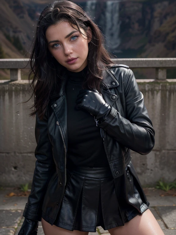 soaked and sweaty betty pageeyes closed on a orgasm looking woman 34 years old with and blue eyes dressed in a black leather coat soft black gloves and a skirt on the endge of a montain and the photo is taken from up front flirting with the camera, she want to make love, she is touching her vagina, she is masturbating herself
