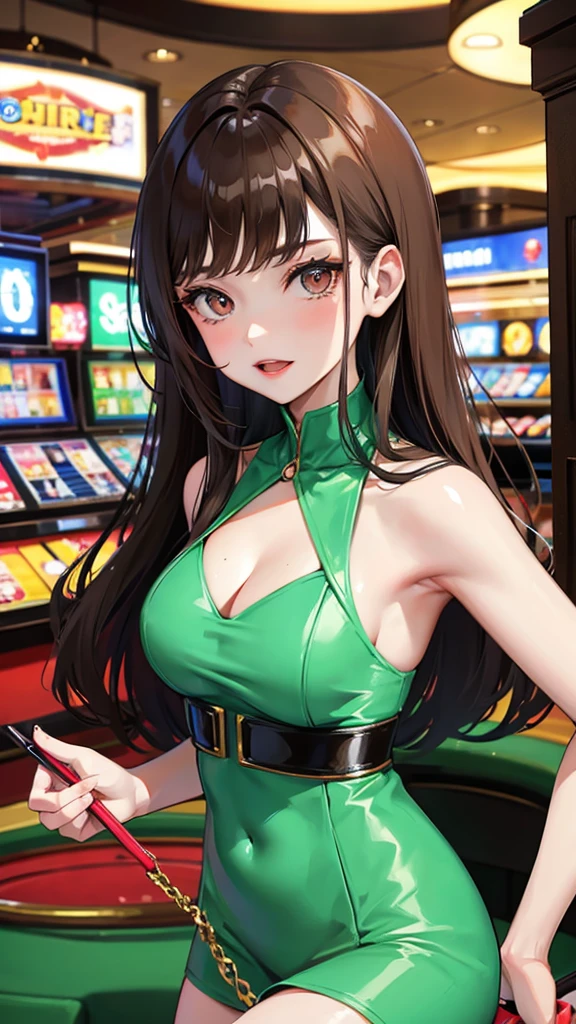 Brunette woman doll in casino taking photos