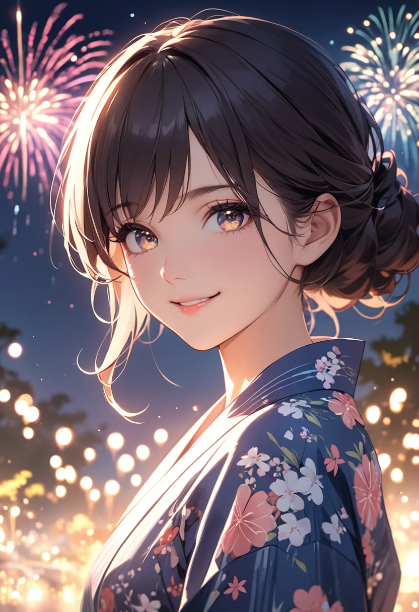 (masterpiece:1.5),(Beat quality),(high res),1girl solo,beautiful face,smile(shining eyes),upper body,light effects,Yukata Woman,firework