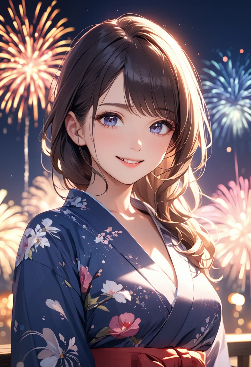 (masterpiece:1.5),(Beat quality),(high res),1girl solo,beautiful face,smile(shining eyes),upper body,light effects,Yukata Woman,firework