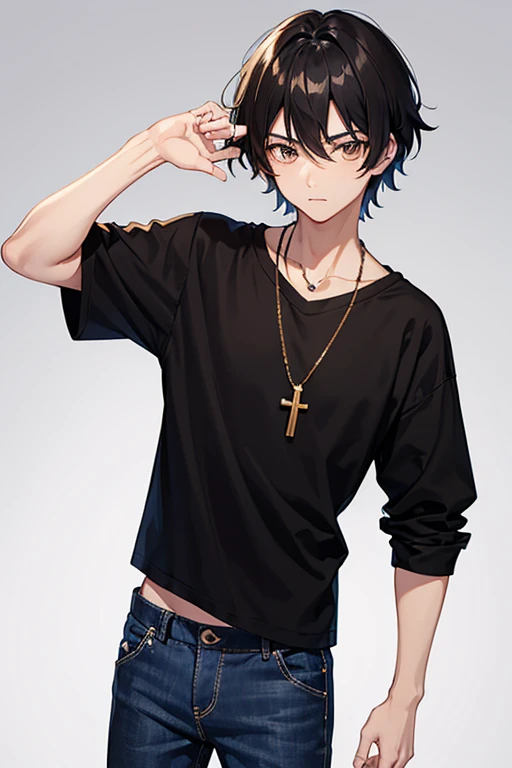 Bennett from Genshin Impact, 16 years old, black hair, brown eyes, open white sweatshirt, black t-shirt, gold cross necklace, blue jeans, looking in profile directly at viewer, white background
