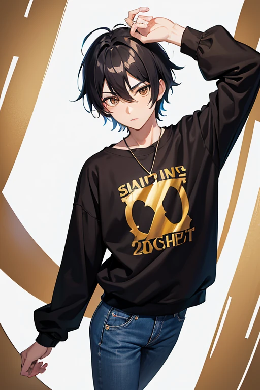 Bennett from Genshin Impact, 16 years old, black hair, brown eyes, open white sweatshirt, black t-shirt, gold cross necklace, blue jeans, looking in profile directly at viewer, white background